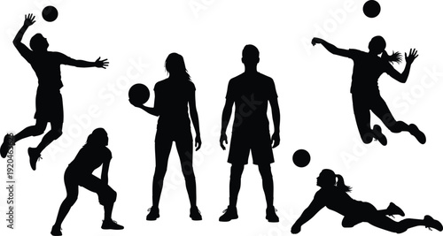 Volleyball player silhouette set, athletes jumping and serving ball, team sports action, beach volleyball, female and male players, game competition