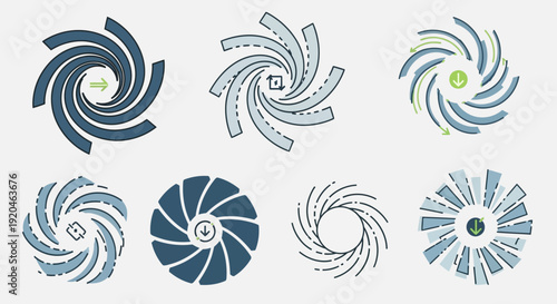 Set of stylized turbine impellers, centrifugal pump impellers, and fan blades