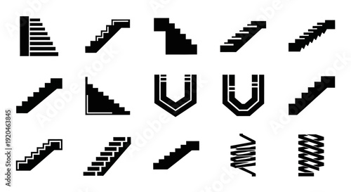 Diverse Staircase and Escalator Icons Set: Modern and Classic Designs