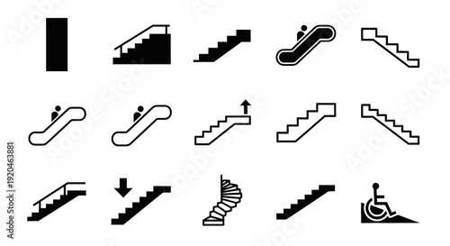Staircase and Escalator Icons: Up, Down, Spiral, Accessible & More