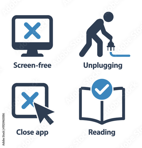 Vector icons representing screen-free lifestyle concepts for a healthier digital balance