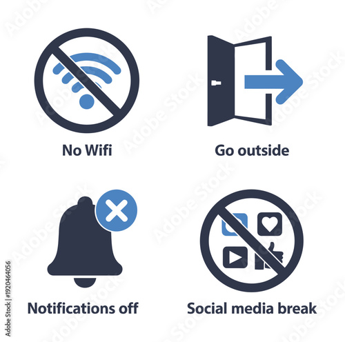 Vector icons represent rules for a digital detox or tech-free zone policy