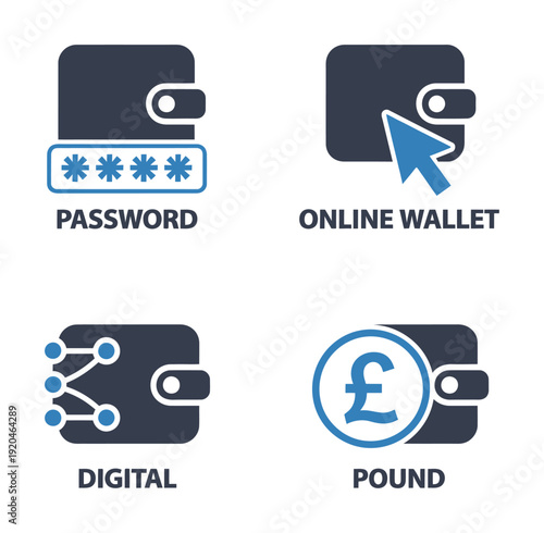 Vector graphic set of four digital wallet icons with various symbols