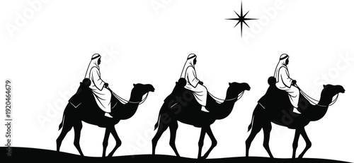 Three wise men riding camels under a star on a white background in a desert landscape
