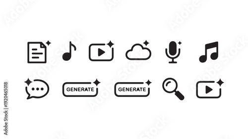 Set of simple black media icons with plus signs in modern minimalist style on white background for web design