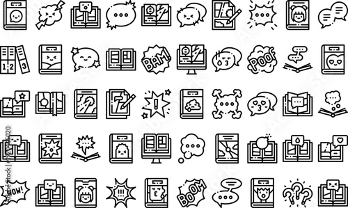 Comic Book and Manga Icon Set for Graphic Novel and Storytelling