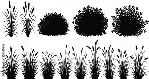 Grass and bush silhouette collection vector set, wild meadow plants isolated for landscape garden decoration design, flat vector illustration