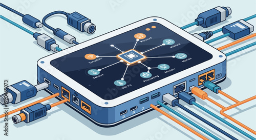 Isometric illustration of a modern network hub or IoT gateway with various cables, symbolizing data flow, smart home integration, and digital connectivity.