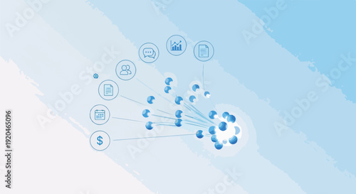 Abstract visualization of data analytics and information flow in a digital network, connecting various business concepts and communication channels.