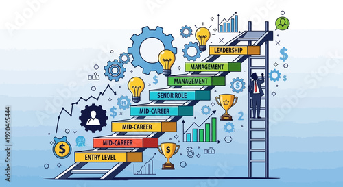 Businessman climbing career ladder to leadership and management roles
