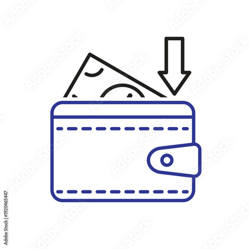 Save money icon. Financial. Wallet with banknotes and a down arrow or save sign. Economic, business, bank. outline design style.