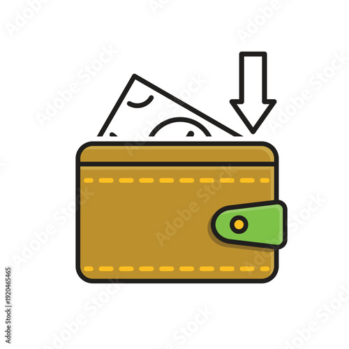 Save money icon. Financial. Wallet with banknotes and a down arrow or save sign. Economic, business, bank. mixed design style.
