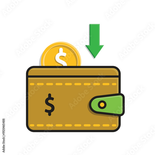 Save money icon. Financial. Wallet with dollar coins and a down arrow or save sign. Economic, business, accounting. Isometric design style.