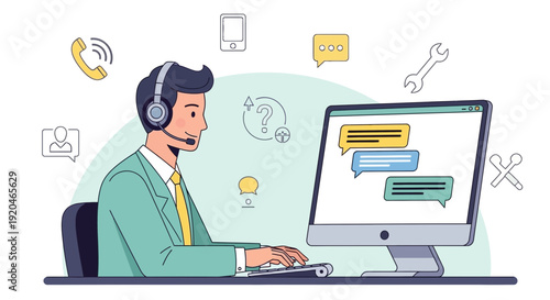 Customer support agent working on computer with headset