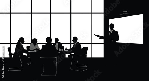 Silhouettes of business people attend a presentation in a dark conference room with bright window grid backdrop.