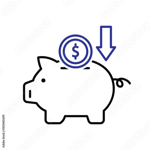 Save money icon. Financial. Piggy bank with dollar coins and a down arrow or save sign. Economic, business. Outline design style