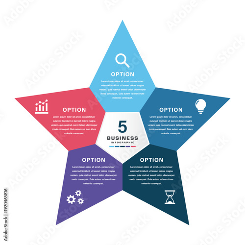 Star Shaped Business Infographic Diagram with Five Segmented Points, Icons, and Central Hub for Corporate Strategy, Marketing, Education, and Presentation Templates