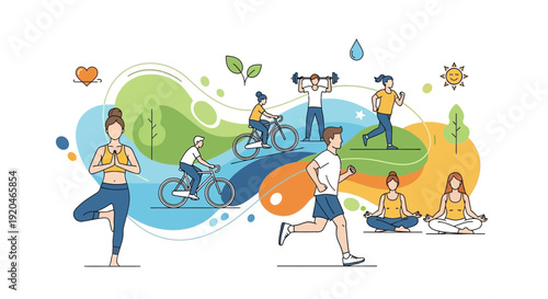 People engaging in various fitness activities outdoors together happily