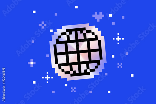 Pixel globe icon with holographic gradient on blue. Retro Y2K digital www shape with pixel sparkle pattern. Iridescent cyber world symbol for internet, global network, technology, modern stickers