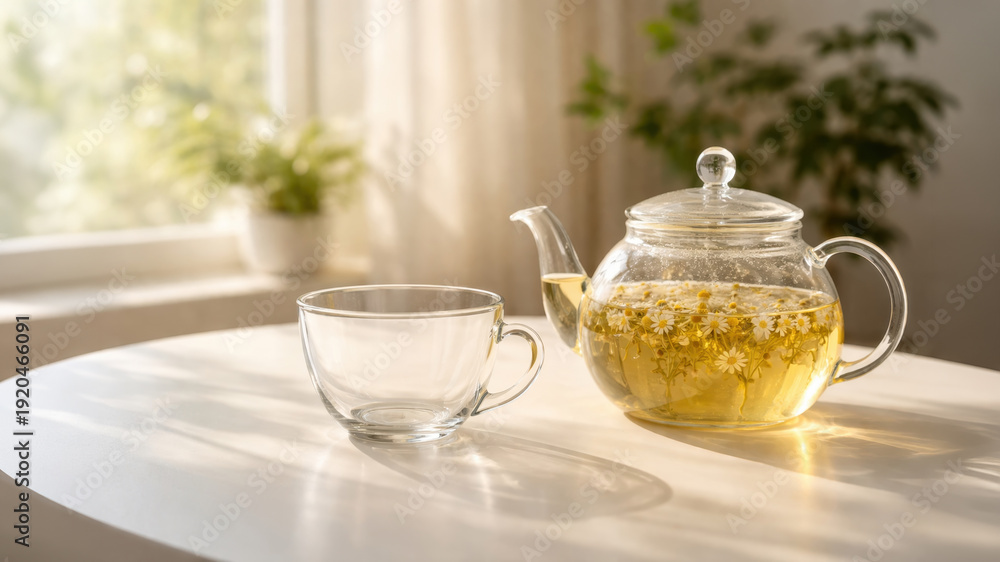Fototapeta premium Glass teapot with chamomile flowers and empty cup on table in warm sunlight near window in cozy home interior
