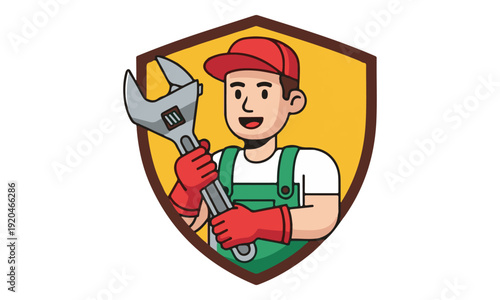 Smiling Cartoon Mechanic with Wrench in Shield Logo