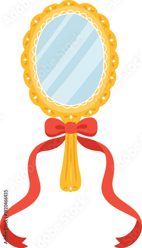 Mirror vector vintage gold frame with red bow flirty design, cute cartoon hand-drawn style isolated on white background, kawaii princess vanity accessory, stylish magic glass element.