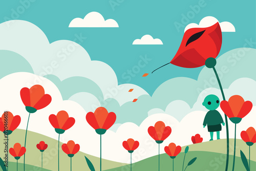 Vector illustration of green alien watching red lipstick fly away in poppy field