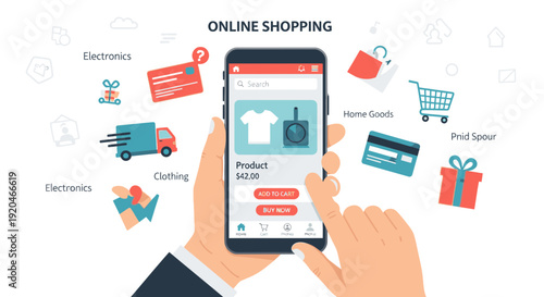 Person making online purchase on smartphone with shopping icons