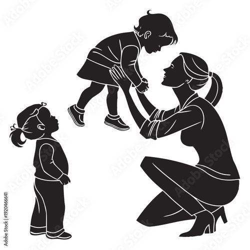 Set of 3 Mother and Child Silhouettes in Loving Poses, Minimal Family Relationship Vector Collection, Black Female Parenting Illustration for Mother’s Day, Women’s Day and Family Design