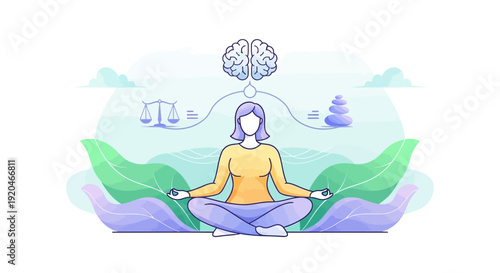 Woman meditating with balance and harmony in nature for mindfulness and mental clarity