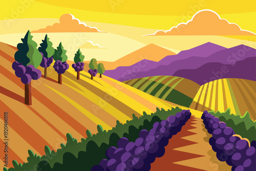 Steep Hillside Vineyard At Golden Hour