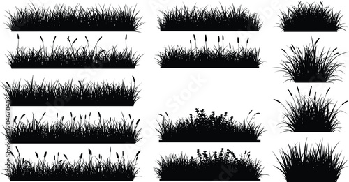 grass silhouette border set, wild meadow foliage collection, black nature landscape elements, isolated vector botanical clipart, decorative field design