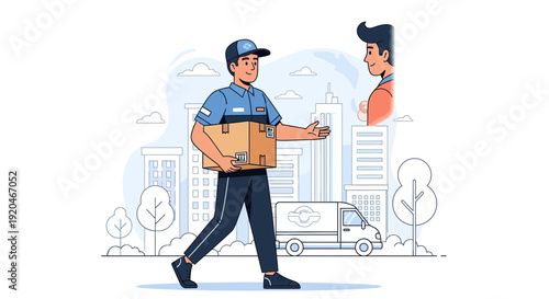 Delivery man handing over package to smiling customer in city