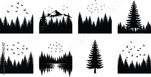 Forest silhouette vector illustration, coniferous trees, birds, mountains, and water reflections in nature landscape scenes - flat vector illustration