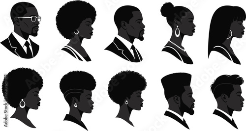 Hairstyle and fashion profile silhouette vector illustration, diverse people with cultural hairstyles, accessories, and formal attire - flat vector illustration
