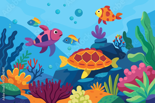 Colorful Tropical Underwater Reef With Sea Turtles