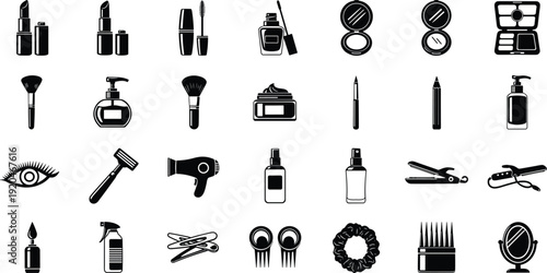 Beauty and personal care icon vector illustration, makeup, skincare, and hair styling tools in grid format - flat vector illustration