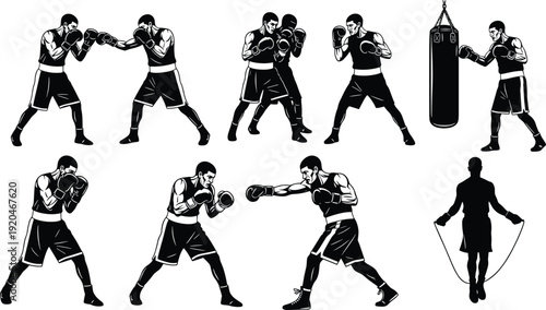 Boxing silhouette vector illustration, male boxer training poses including sparring, punching, skipping rope, and victory stance - flat vector illustration