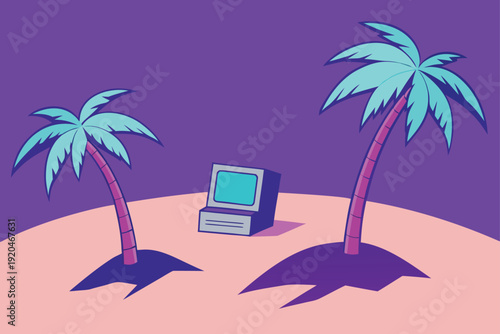Vaporwave Beach Party With Purple Palm Trees