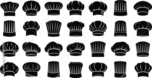 Chef hat icon vector illustration, diverse toque designs with pleats, bands, and decorative styles for culinary branding - flat vector illustration