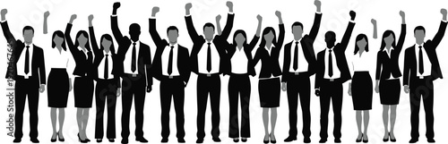 Business professional silhouette vector illustration, group of corporate workers in formal attire raising fists symbolizing unity, solidarity, and empowerment - flat vector illustration