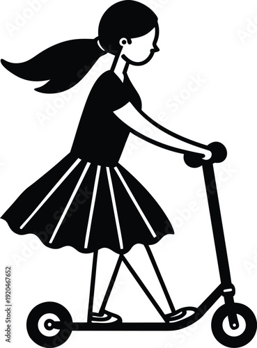 Active girl joyfully riding a red scooter down a sunny path, embracing childhood fun and outdoor recreation, flat vector illustration.