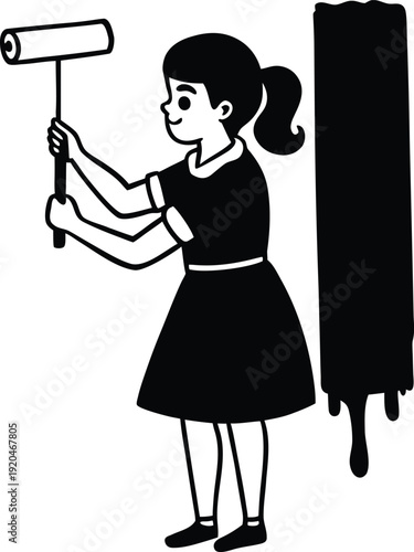 Young girl creatively painting a colorful mural on a textured wall, expressing artistic freedom and urban culture, vibrant illustration.