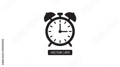 Alarm Clock Icon in Simple Flat Design with Black Silhouette on White Background for Time Management