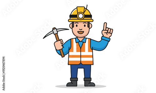 Cartoon Miner Holding Pickaxe and Pointing Upwards