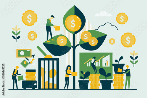 Financial growth illustrated with plants money and people working together