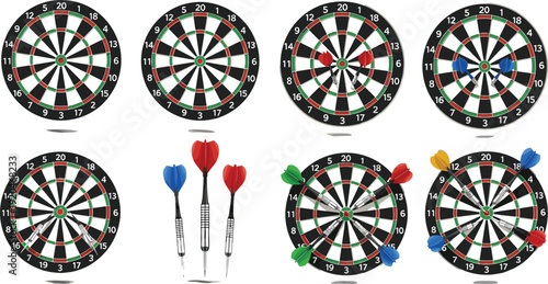 Dartboard and Darts Game Set with Different Score Positions and Colorful Arrows for Sports Competition, Bullseye Target Practice, and Recreation Design.