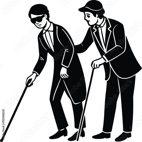 Caring man guiding a blind person with a white cane, demonstrating empathy and assistance, urban street scene, vector illustration.