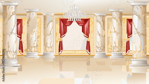 Ornate ballroom interior with marble columns drapery and a chandelier