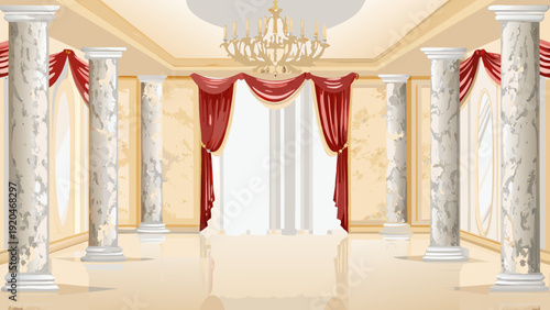 An ornate ballroom featuring marble columns red drapery and a chandelier
